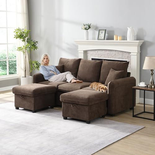 boorbin Multifunktionale Ecksofa U-Form-Dreisitzer Polster-Sofa mit Staufunktion – Inklusive Schubladen + Hocker mit Staufach, modular zerlegbares Sofa-Set mit Schlaffunktion,Cord-Stoff (Antikbraun)