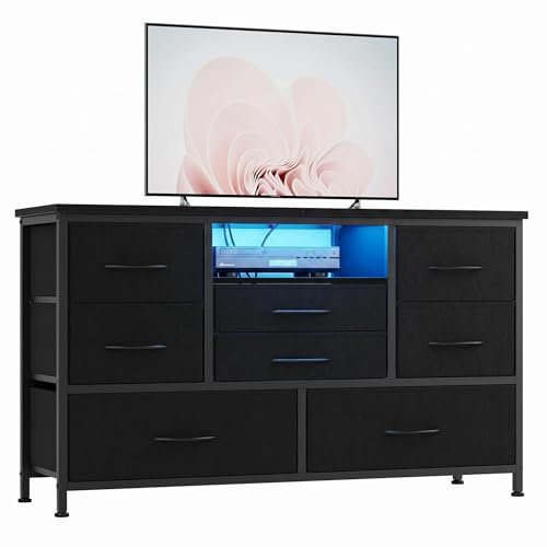 Garvee Mueble TV con Luz LED, Mesa TV con 8 Cajones, 3 Enchufes y USB Estación de Carga, Largo de 121 cm, para Televisores de 50 Pulgadas, Muebles de Salon Moderno para Pasillo,Dormitorio,Negro