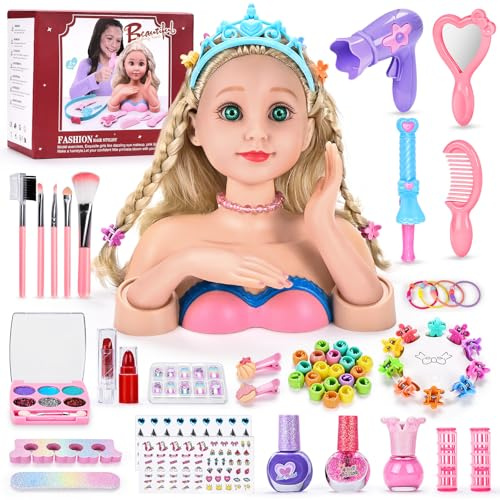 LumenVela Testa Bambola da Truccare e Pettinare, 60 Pezzi Lavabili Trucco e Parrucchiere Testa Giocattolo con Adesivi Unghie, Rossetto, Forcine Regalo per Ragazze 4 5 6 7 8 Anni