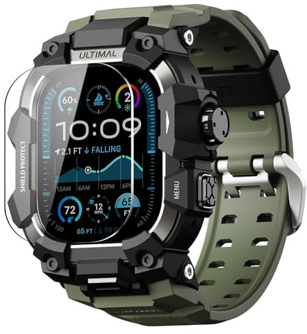 ULTIMAL Gehäuse mit Armband und Panzerfolie für Apple Watch 49mm, 3 in 1 Sportarmband Kompatibel mit Apple Watch Ultra/Ultra 2/Ultra 3, Militärisch zertifiziertes stoßfestes Schutzcover für iWatch