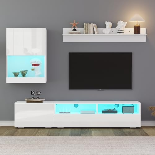 FammyLoft 175cm Hochglanz TV Wohnwand-Set mit Vitrine, Mediawand inkl.TV-Board, Standregal und Wandregal, TV Lowboard, TV Schrank, TV Wohnzimmermöbel-Set mit LED, Stehend & Hängend, Weiß