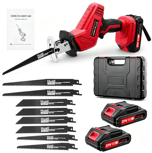 Bellanny Scie Sabre Sans Fil, 21V Scie Sabre à Batterie avec 2×2000mAh Batteries, Vitesse Réglable de 0-4000RPM, Remplacer la Lame de Scie Sans Outils avec 8 Lames pour Coupe de Bois Métal Branches