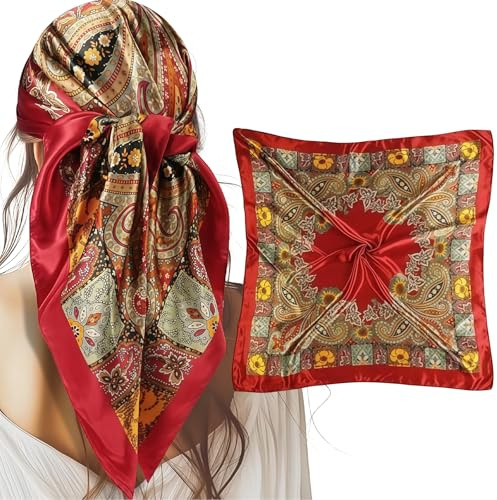 AstraGlam Satin Kopftuch Damen, Bandana, Grafikdruck Seidentuch, Elegantes Halstücher, Seidenähnliches Haar Tuch Bandana, Quadratisches Halstuch Schal Kopf Schal Haarband Mehrzweck 1 Stück 90x90cm
