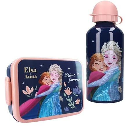 Vadobag Brotdose & Trinkflasche Disney Frozen Kinder, Geschenkset Lunchbox mit Alu-Flasche, Pausen Set für Kita Kindergarten Schule (Dunkelblau)