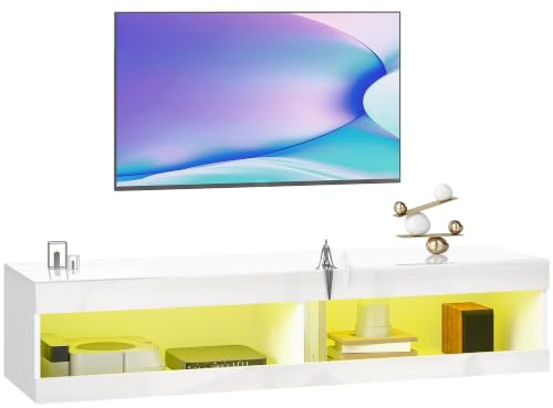 HOMCOM Mueble de TV Suspendido con Luces LED 140x40x30 cm Blanco Brillo | Compartimentos y Orificios Pasacables, Mueble de TV para Salón, con Control Remoto, para Televisión 55-60 Pulgadas