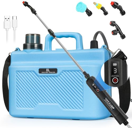 Kevsuvqin Pompa Irroratrice a Batteria 8L, 5V/2400mAh Pompa a Spalla a Batteria, Spruzzino Nebulizzatore Piante con 3 Livelli di Pressione Dell'acqua Regolabili & 4 Ugelli per Irrigazione e Diserbo