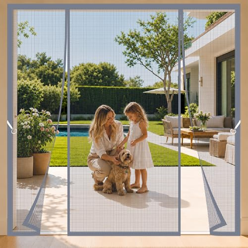 Zanzariera Porta Camper Doppia 205x265cm Zanzariere Porta Doppia Chiusura Automatica Facile da Installare Senza Forare Per porte-finestre balcon e soggiorno Grigio