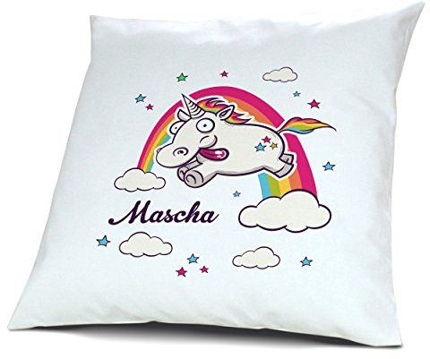 printplanet Kopfkissen mit Namen Mascha - Motiv Verrücktes Einhorn, 40 cm, 100% Baumwolle, Kuschelkissen, Liebeskissen, Namenskissen, Geschenkidee