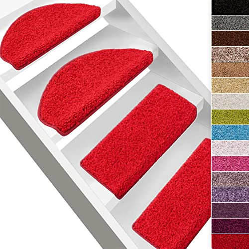 casa pura Shaggy Barcelona Set di 15 tappetini per gradini, morbidi tappeti a pelo lungo, rimagliati in modo pulito, fissaggio forte, guida angolare stabile, semicircolare, 65 x 23,5 cm, rosso