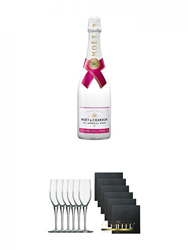 Moet Chandon Imperial Ice - ROSE - Champagner 0,75 Liter + Stölzle Exquisit Sektkelch 6er Pack + Schiefer Glasuntersetzer eckig 6 x ca. 9,5 cm Durchmesser