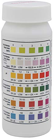 Lot de 50 bandelettes de test 6 en 1 de qualité de l’eau de piscine pour chlore, pH, alcalinité, dureté, acidité, brome, acide cyanurique