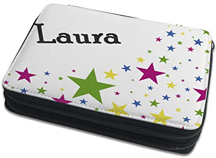 CreaDesign Kinder Federmäppchen mit (Wunsch) Namen, einzigartige Federtasche durch Personalisierung, Schulmäppchen - Motiv Sterne