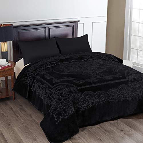 JML Fleecedecke, King-Size, schwere koreanische Nerzdecke, 214 x 240 cm, 4,1 kg, einlagig, weich und warm, Dicke Raschel-Bedruckte Nerzdecke für Herbst, Winter, Bett, Zuhause, Geschenke, schwarz