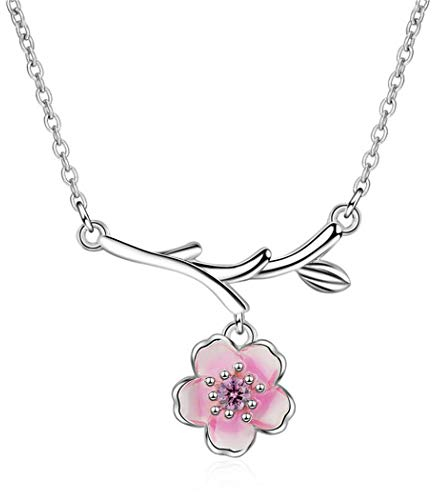 CANAREA Kette Damen Mädchen Halskette 925 Sterling Silber mit Anhänger Einfache Glückliche Pink Kirschblüten Blumen Y-Kette Collier Süß Charm Kette für Freundin Tochter Mutter