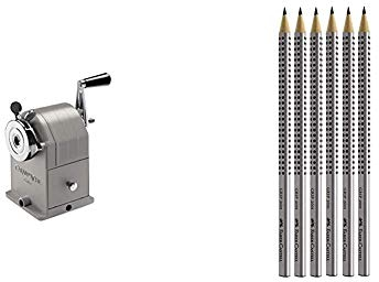 Spitzmaschine für Bleistifte aus Metall - eine hochwertige Geschenkidee zu Weihnachten mit Charakter von Caran d'Ache & Faber-Castell - 6 Bleistifte GRIP 2001, Härtegrad: HB, Schaftfarbe: silber