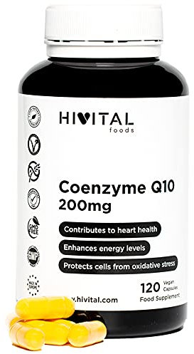 Coenzima Q10 200 mg. 120 cápsulas veganas para 4 meses de tratamiento. CoQ10 Ubiquinona pura 100% Natural obtenida por fermentación. Fabricado en España por HIVITAL