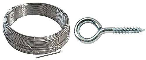 Merriway® BH00326 Galvanised Coated Garden Wire, 1.6mm x 30 Metres (97.5ft) 14 Gauge 1/16 inch Thickness & BH01145 Zinc Plated Steel Screw in Eyes, 40 mm (1.1/2 inch) - Pack of 25