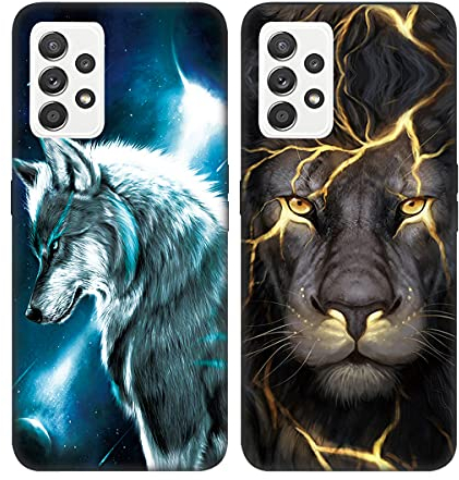 DiaryTown 2 Pack für Samsung A52 5G / 4G / A52s 5G Hülle, Ultra Dünn Silikon Bumper Schutzhülle Stoßfest mit Muster Motiv Schwarz Handyhüllen Weich TPU Cover für Galaxy A52 5G / 4G - Wolf & Löwe