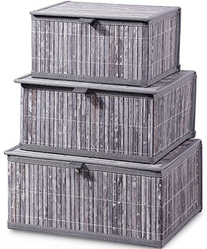 Honygebia Bamboo Decorative Storage Boxes - Set of 3 Woven Lined Storage Basket with Lids, Grey Marble Wicker Lidded Baskets for Home Kitchen Shelf Organizer Decor