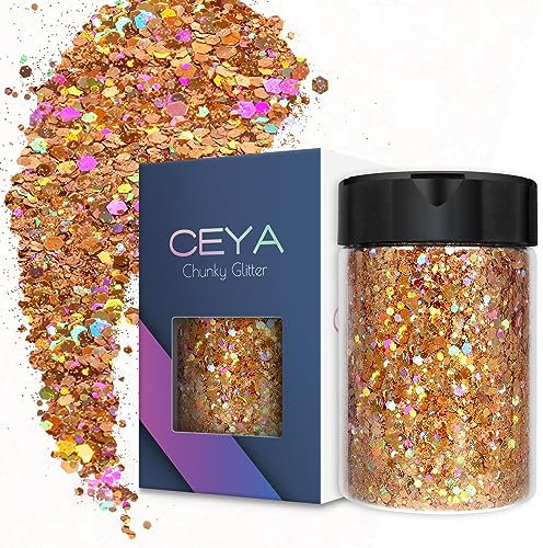 Ceya Holographic Chunky Glitter, 4.9oz/ 140g Rose Gold Craft Glitter Powder Mixed Chunky & Fine Flakes Iridescent Nail Sequins for Nail, Hair, Epoxy Resin, Tumblers, Slime, Painting, Festival Decor