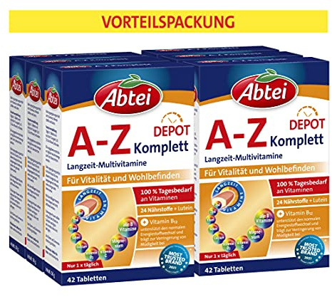 Abtei A-Z Komplett Langzeit-Multivitamine - hochdosiertes Nahrungsergänzungsmittel für Vitalität und Wohlbefinden - mit Vitamin B12 und Lutein, 252 Kapseln