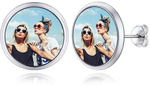 Custom4U Boucle d'Oreilles Photo Gravé Femme Bijoux Clou doreilles Rond Personnalisable Cadeau Original Personnalisé pour Fille Maman