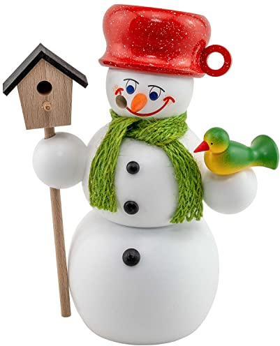 Seiffener Volkskunst | Räuchermännchen | Räucherfigur 14 cm | Schneemann | Original Erzgebirge | 12216 | mit Vogelhaus
