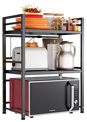 DOLALIKE Estante expandible para microondas, utensilios de cocina para encimera, almacenamiento de vajilla, estante de acero al carbono de 3 niveles con 3 ganchos