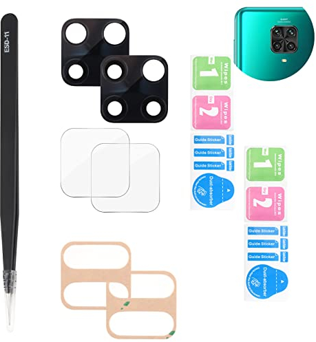 YHX-OU 2 Lenti in Vetro di Ricambio per Fotocamera Redmi Note 9 PRO Vetro Posteriore + 2 pellicole protettive per Fotocamera Redmi Note 9 PRO + pinzette (Nero)