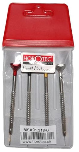 HOROTEC MSA01.218-G - Assortimento di 4 cacciaviti di orologiaio in custodia di plastica: 4 pezzi: Ø 0.60-0.80-1.00-1.20 mm - Swiss Made