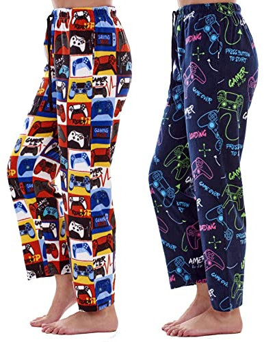 Mens Pack of 2 Gamer Lounge Pants | Gaming Levels Neon Controller Designs | Soft Fleece Sleep/Lounge Wear | Gamer Gift Idea - Mens Sizes S - 2XL (S)