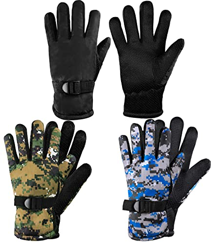 SATINIOR 3 Paar Kinder Skihandschuhe Wasserdichte Winterhandschuhe Kalt Wetter Schneehandschuhe Warme Snowboard Handschuhe für Kinder Kleinkinder Sport (Camouflage Stil, 7-12 Jahre)