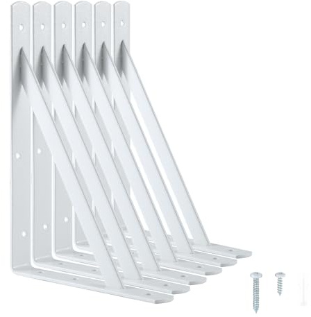 Heavy Duty Shelf Brackets 12 x 8 inches, Metal Shelves Supports, Load Capacity: 600 lb, 90 Degree Wall Mounted Angle L Floating Shelf Bracket with Screws,White 6 Pack HOME MASTER HARDWARE