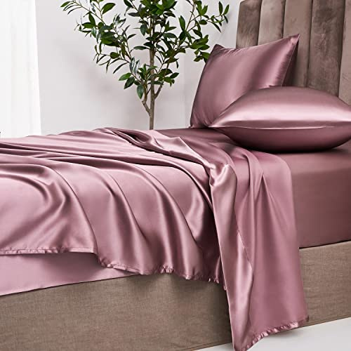 Damier Satin Spannbettlaken 180x200cm Rosa Altrosa Seide Glänzend Spannbetttuch Hochwertiges Satin Deluxe Bettlaken, geeignet für Matratzen bis 30cm