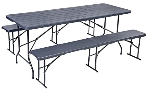 Hortan Set Tavolo Rettangolare Completo Di 2 Panche Pieghevoli Con Piano In Resina E Struttura Richiudibile Salvaspazio In Acciaio, Per Arredo Esterno, Giardino, Terrazzo e Campeggio