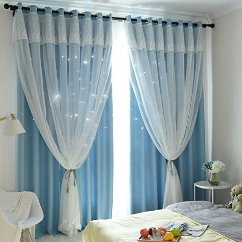 Freyamy Gardinen Mädchen Blau Schlaufenschal 2er Set Glänzend Sterne Spitze Vorhänge mit Ösen,Blickdicht Vorhang für Kinderzimmer Schlafzimmer Wohnzimmer Verdunkelungsvorhang 270 X 132 cm (HxB)