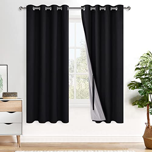 XWZO 100% Blickdicht Vorhänge, Doppellagige Dicker Verdunklungsvorhänge mit Ösen, Schallschutz Thermovorhänge 2er Set Schlafzimmer Gardinen, Blackout Curtain, 175x140 cm(HöhexBreite), Schwarz
