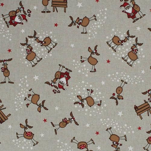 Dekostoff Rentiere, Weihnachtsmann und Sterne | ab 100cm x 140cm (beige) | Meterware - Leinenoptik - Weihnachtsstoff