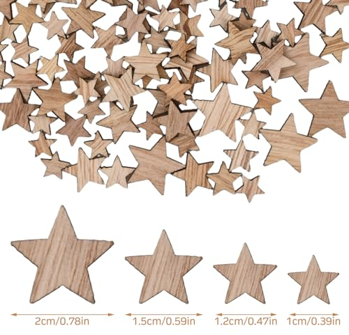 Cozlly 100 Stück Streudeko Holzsterne - Blanke Stern Scheiben in 4 Größen für Weihnachts-Deko, Tischdeko und Kranz
