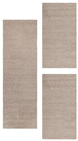 Carpetsale24 Bettumrandung Schlafzimmer 3 teilig Shaggy Hochflor Teppich Beige Bettvorleger Schlafzimmer Bettset: 2 St. 80x150 cm | 1 St. 80x250 cm - Teppich Läufer Set Einfarbig Design
