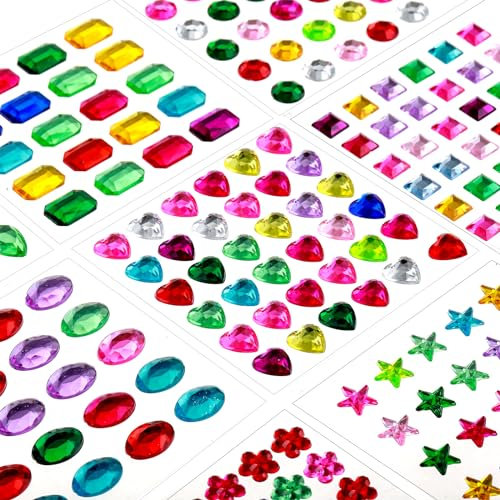 1782 Pcs Gem Stickers for Crafts Self Adhesive Rhinestone Stickers Acrylic Stick-on Crystal Gem Sheets Assorted Shaped Multicolor Jewel Stickers 14 Sheets Stick On Gems for DIY Nail Body Makeup