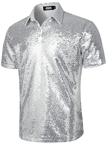 JOGAL Herren 70er Pailletten Hemd Kurzarm Disco Party Oberteile Nightclub Glitzer Poloshirts Silber Groß