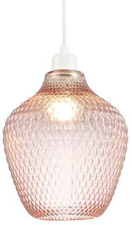 Contemporary Designer Soft Blush Pink Curvy Diamond Etched Glass Pendant Lamp Shade | 40w Maximum | 25cm x 21cm | for Living Room Bedroom Dining Room etc by Happy Homewares