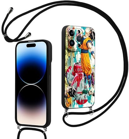 PBNDJVG Lanyard Handyhülle für Apple iPhone 13 Hülle 6.1 Zoll, Anime Dragonball Z Super DBZ Goku Manga Junge Muster mit Band zum Umhängen Schwarz/Kette Schutzhülle Bumper Dünn Case, 01