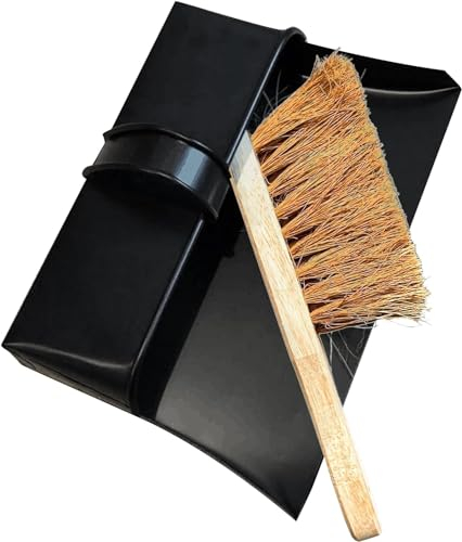Heavy Duty Metal Dustpan with Handle Industrial Design Large Black Hooded Metal Dustpan Cleaning Scoop also Suitable for homes, log burners, stoves, workshops, and gardens (DustPan with Soft Brush)