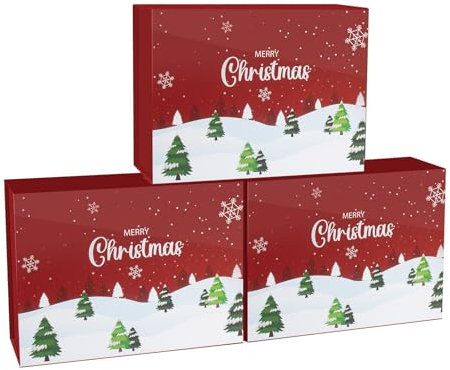 Weihnachtsgeschenkboxen mit Deckel, 3 Stück Rot Geschenkbox Heiligabend 24x18x9.4cm Zoll mit Etikett Umschlag Geschenkpapier Geschenkband, Faltbare Geschenkboxen mit Magnetverschluss