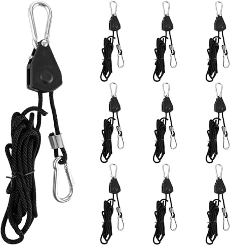SHUESS 10er Ratchet Hanger 7,4ft/2,4M Seilratsche mit Haken Seil mit Karabiner Einstellbare Seil Seilhaken Ratsche Seilratsche, 1/8 Zoll Hochleistungsseil für Pflanzen, Ventilatoren & Lampen, Schwarz