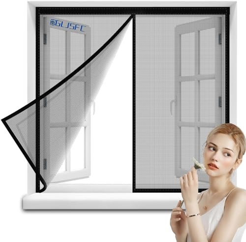 Window Screen Magnetic Closure 90x155cm Anti Mosquito Bugs Magnetic Mesh Screen Door Easy Install for Keep Bugs Fly Out，Top-to-Bottom Seal Snaps ，Pet and Kid Friendly Black