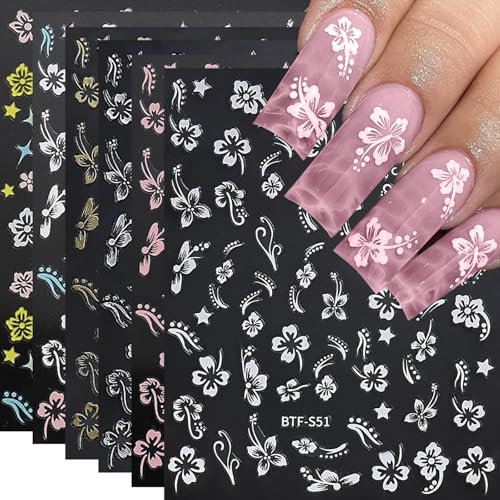 HUTRADE 6 Blätter Hibiskus Flower Nail Decals,3D Nagel Sticker, Versatile, Fashionable ,Nagelsticker Blumen, Blumen Sticker for Unique DIY Nail Art