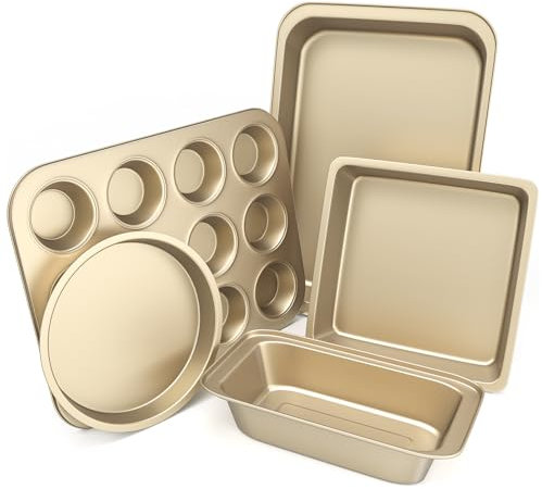 CasaCulina Baking Pans Set, 5-Piece Nonstick Bakeware Sets with Round/Square Cake Pan, Muffin Loaf Roast Pan, Baking Sheets for Oven, Kitchen Cookware Sets Baking Tray Baking Supplies, Gold